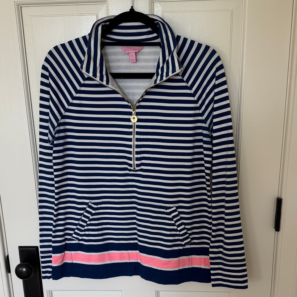 Lilly Pulitzer Navy and White Striped Half-Zip Pullover with Pink Accent